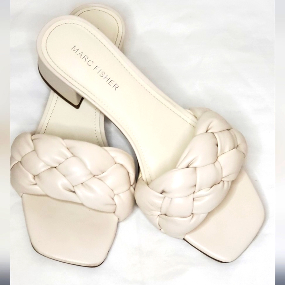 Marc Fisher Size 7 1/2 Mules Color Cream with Basket-Weave Design - Picture 2 of 13